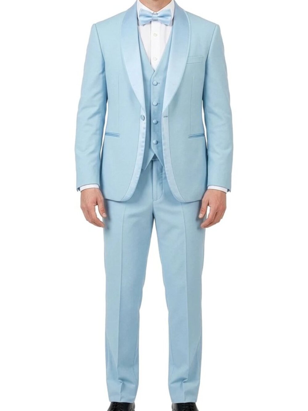 Solid Light Blue Wide Satin Shawl Lapel 3 Piece Men's Skinny Fit Suit